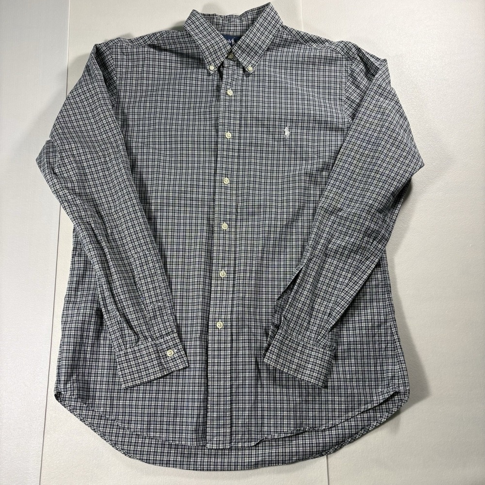 Ralph Lauren Custom Fit Mens Large Blue Gray Plaid Button Down Shirt Long Sleeve